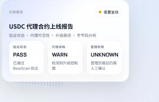 产品首页示例:USDC 代理合约,验证状态 PASS,代理结构 WARN,管理权限 UNKNOWN